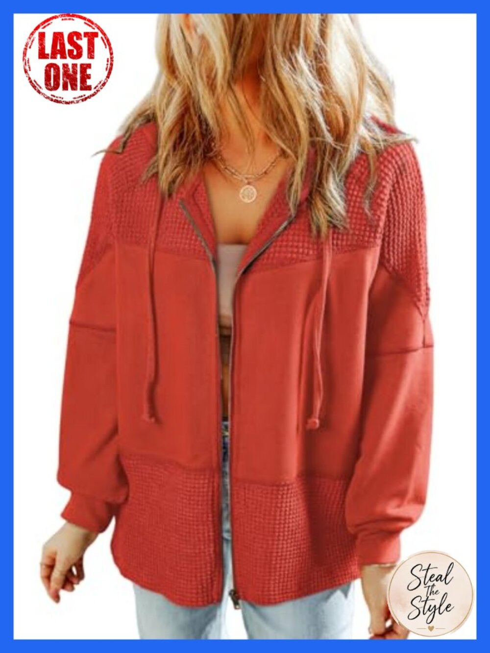 Waffle Knit Zip Up Hoodie Oversized Drawstring Long Sleeve Women's Jacket